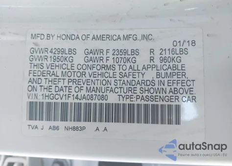 2018 Honda Accord Lx from USA, damaged, VIN 1HGCV1F14JA087080